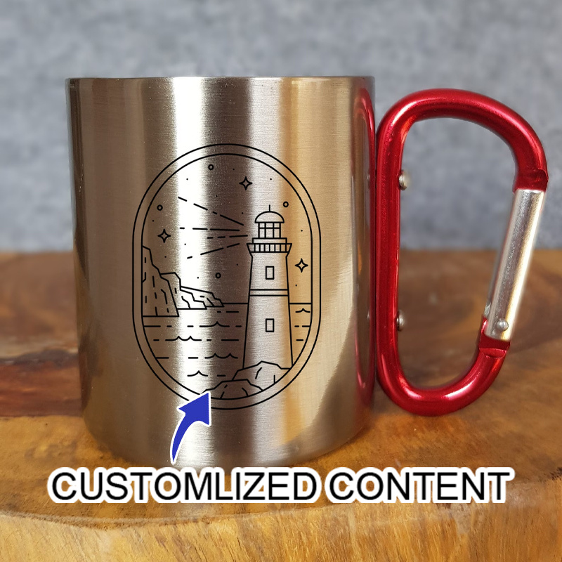 Coffee Equipment For Camping - แก้วกาแฟสแตนเลสสำหรับแคมป์ปิ้ง พร้อมหูจับแบบคาราบิเนอร์ ลายพิมพ์ภูเขา พระจันทร์ และป่า แก้วกาแฟพกพาสำหรับเดินป่าและท่องเที่ยวกลางแจ้ง